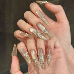 Handmade Champagne Gold Cat Eye Long Stiletto Press On Nails Nude Rhinestone French Style Fake Nails For Women Party Wedding