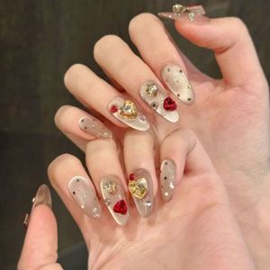 Handmade Champagne Gold Cat Eye Press On Nails With Red Heart Rhinestone Star Decor Luxurious Sweet Cool False Nails For Women