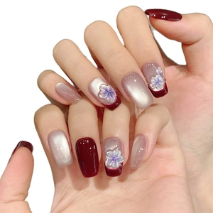 Burgundy and silver cat eye press-on nails with 3D carved floral art for women