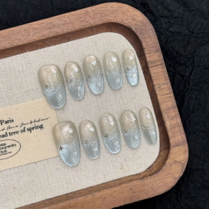 Handmade Cat Eye Star Press On Nails Light Grey Green Gradient Medium Oval Fake Nails For Women Artificial Nail Kit