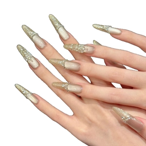 Luxurious champagne gold stiletto press-on nails with cat eye effect and 3D rhinestones