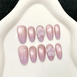 Handmade 3D Floral Cat Eye Press On Nails Light Purple Gradient Fake Nails Jelly Glue Water Drop Relief Elegant Women Beauty