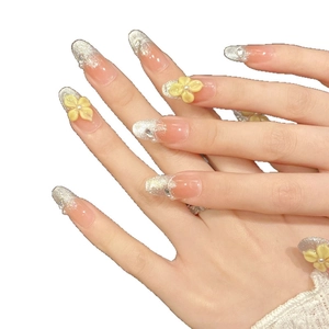 Handmade press-on nails with pink cat eye gradient, 3D floral accents and pearls