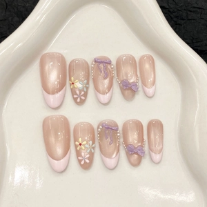 Handmade Taro Purple Cat Eye Press On Nails With 3D Bow Artificial Pearl Flower French Tip Elegant Sweet Long Almond False Nails Women