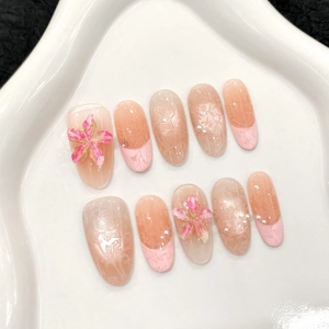 Faux Ongles à Presser Faits Main Fleurs 3D Rose Dégradé Pêche Français Dentelle Künstliche Perle Élégant Ovale Long Pour Femmes