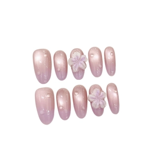 3D floral cat-eye press-on nails with purple gradient and dewdrop accents