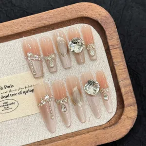 Handmade Cat Eye Press On Nails Luxury Rhinestone Artificial Pearl Long Coffin Stiletto Fake Nails With Jelly Glue Tool Kit For Women