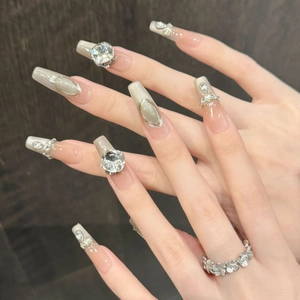 Handmade silver cat-eye coffin press-on nails with luxury rhinestones and crown accents