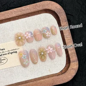 Japanisch Handgefertigte 3D-Prägeblumen Künstliche Nägel Zum Aufdrücken Rosa Blau Farbverlauf Künstliche Perle Golddraht Kurz Rund Oval Süße Fake Nails