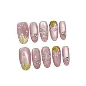Handmade soft purple tulip press-on nails with 3D butterfly, pearl and crystal accents
