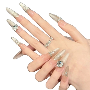 French silk cat eye press-on nails with luxury gradient design and diamond accents