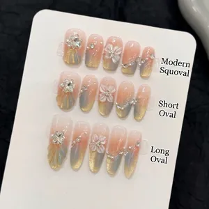 Handmade Press On Nails Set 3D Flower Artificial Pearl Rhinestone Gradient Cat Eye False Nails For Women Elegant Manicure Decor