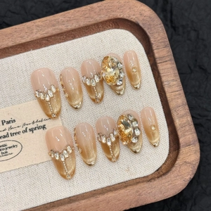 Handmade Press On Nails Champagne Gold Cat Eye With Rhinestones Luxurious Oval False Nails Set For Women Party Manicure