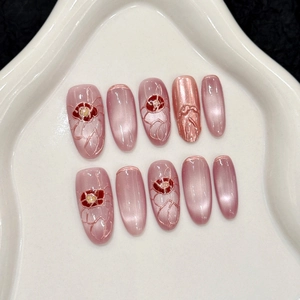 Handmade Cat Eye Press On Nails Pink Purple Gradient Embossed Camellia Floral Artificial Nails For Women Daily Wedding