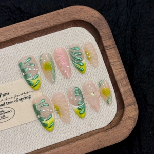 Handmade Press On Nails Fresh Forest Style 3D Flower Artificial Pearl Rhinestone Long Almond Stiletto Fake Nails For Women Nail Art