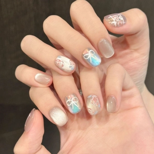 Handmade Cat Eye Rose Bow Press On Nails Short Round Gradient Pink Grey False Nails For Women Daily Party Nail Art