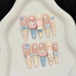 Handmade 3D Bow Star Heart Press On Nails Sweet Long Stiletto Fake Nails Multicolor Cartoon Rabbit Manicure Art Tips For Women