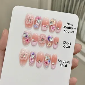 Handmade French 3D Flower Press On Nails Pink Gradient Nude Rhinestone Manicure Artificial Relief Nails For Women Daily