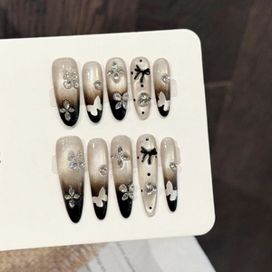 Handmade brown gradient press-on nails with luxury butterfly rhinestones and almond shape