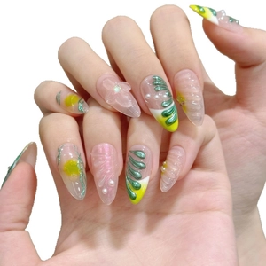 3D floral press-on nails with green chrome waves and pearls on stiletto shape