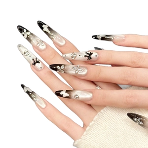 Brown gradient handmade press-on nails with butterfly charms and diamond accents