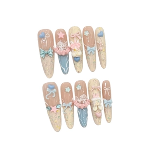 Handmade 3D cartoon press-on nails featuring cute bear, rabbit motifs and bows