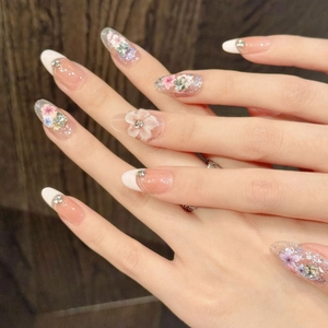 French 3D flower press-on nails with dried flowers and rhinestones on oval tips