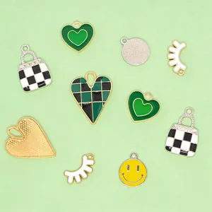 Retro Alloy Enamel Heart Smiley Checkerboard Pendants For DIY Jewelry Making Necklaces Bracelets Accessories Charms