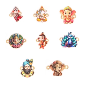 Eight colorful Ganesha and Hanuman alloy pendants with dual connector loops for DIY jewelry