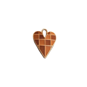 Retro heart checkerboard pendant with brown enamel and gold edges for jewelry DIY