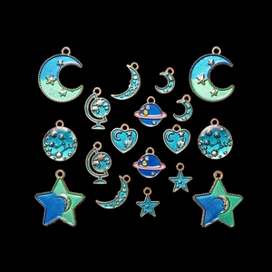 Deep blue enamel celestial charms set featuring moon star and earth for DIY jewelry