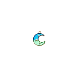 Detailed view of crescent moon pendant with blue-green enamel and gold star accents