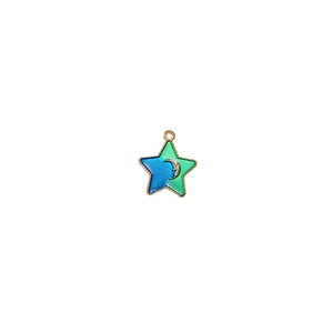 Detailed close-up of blue star-shaped alloy pendant with gold crescent moon and enamel