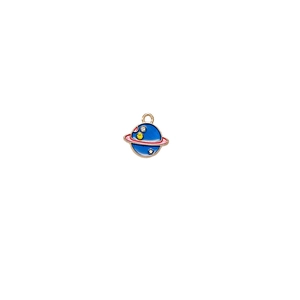 Detailed blue galaxy planet charm with pink ring and inlaid crystals on white background
