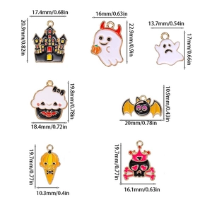 Detailed size chart of 10-piece Halloween enamel alloy pendants for DIY jewelry making