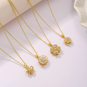 Rotating double-layer gold plated flower necklaces set with white zircon stones