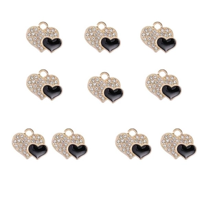 Lot de 10 pendentifs cœur en or avec émail noir et strass pour la création de bijoux