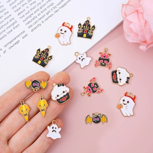 10pcs Halloween alloy drip oil charms with ghost, pumpkin, and bat designs for DIY jewelry
