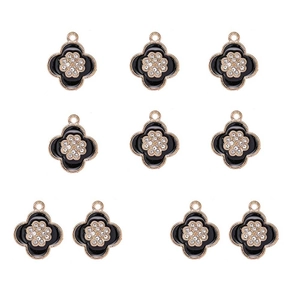 Lot de 10 breloques trèfle en émail noir avec bordure dorée et cristaux étincelants
