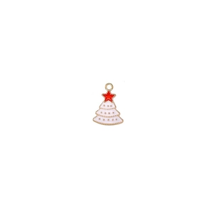 Detail of white enamel Christmas tree charm with red star and gold metallic plating