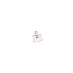 Detail view of a cute white enamel ghost charm with golden metal edges for DIY jewelry
