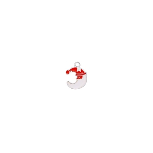 Detailed view of alloy crescent moon charm with red Christmas hat and enamel finish