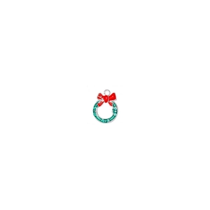 Detailed view of green Christmas wreath enamel pendant with a red bow for DIY jewelry making
