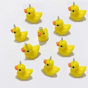 Set of 10 mini yellow resin duck charms with silver eyelet hooks for DIY jewelry and crafts