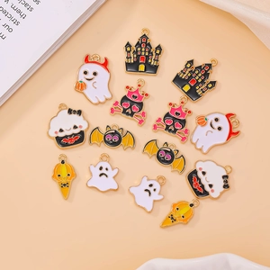 10pcs Halloween enamel alloy charms featuring ghosts, castles, and pumpkins for DIY jewelry