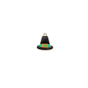 Detail of DIY Halloween witch hat charm with black enamel and orange buckle design