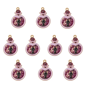 Detailed macro view of ten purple cat potion bottle tarot charms with gold metal edges