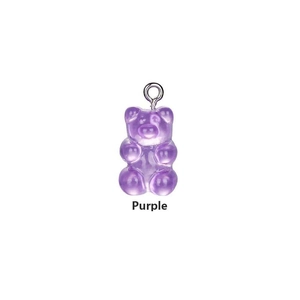 Close-up of a translucent purple resin gummy bear charm with a silver metal loop