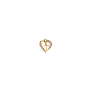 Close-up of a gold-plated heart pendant featuring a central cross and crystal accents
