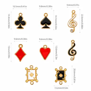 Maattabel voor geëmailleerde poker- en muziekbedeltjes met maten in mm en inches